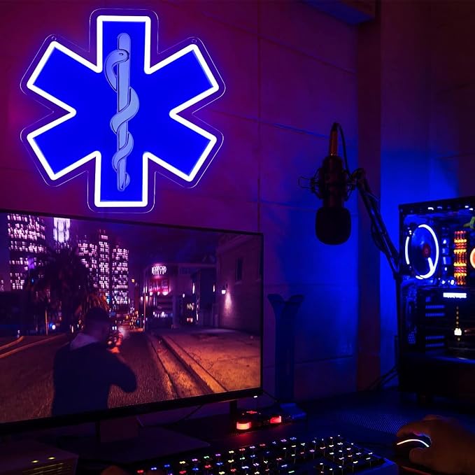 Star of Life LED Neon Sign, 12 x 12 Inches, Pink, USB Powered Wall Decor for EMT Paramedic, Garage, Game Room, Bedroom, Man Cave