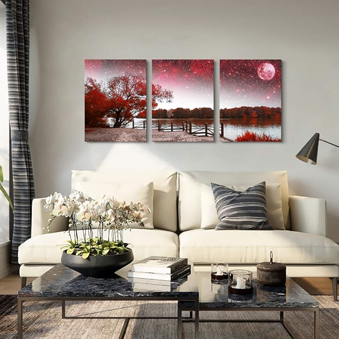 Wall Art for living room Canvas Prints bedroom Wall Decor for bathroom artwork Abstract Painting Red tree moon landscape paintings 16" x 24" 3 Pieces Modern framed office Home decorations for kitchen
