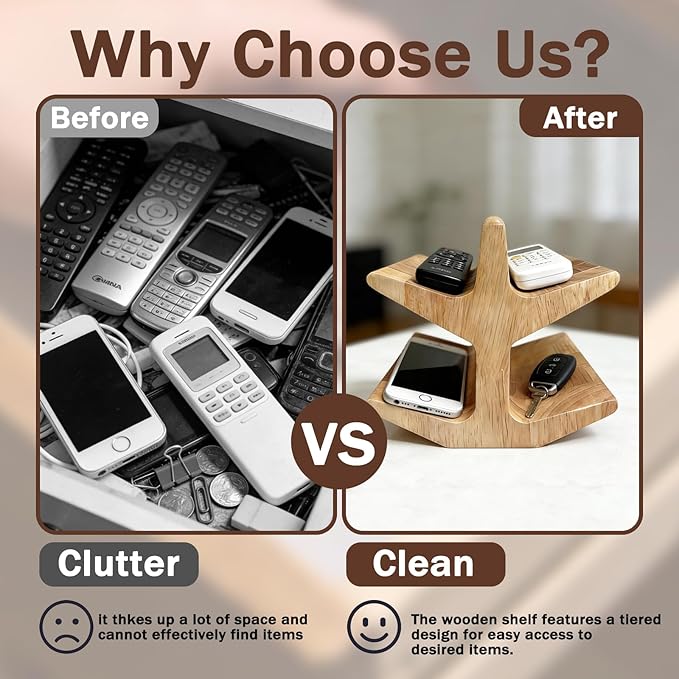 Wooden Remote Control Holder for Coffee Table & Bedside, Decorative Remote Control Holder for Eyeglass Stand, Multi-Functional Remote Caddy Organizer for Reading Glasses Storage