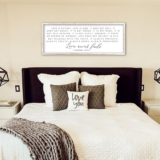 Love is Patient Kind Sign Wall Art 40"X15" 1 Corinthians 13 Bible Verse for Bedroom Above Over Bed Christianity Large Wood Framed Wall Hanging Decor (White）