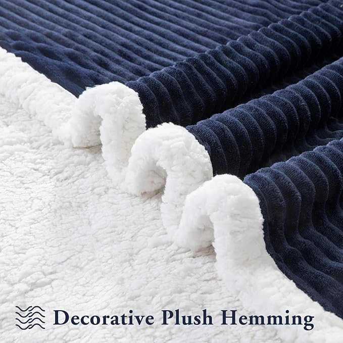 LBRO2M Striped Sherpa Fleece Bed Blanket Queen Size, Super Soft Fuzzy Plush Warm Cozy Fluffy Microfiber Couch Throw Velvet Double Reversible Luxurious Blankets (90x90),Navy Blue