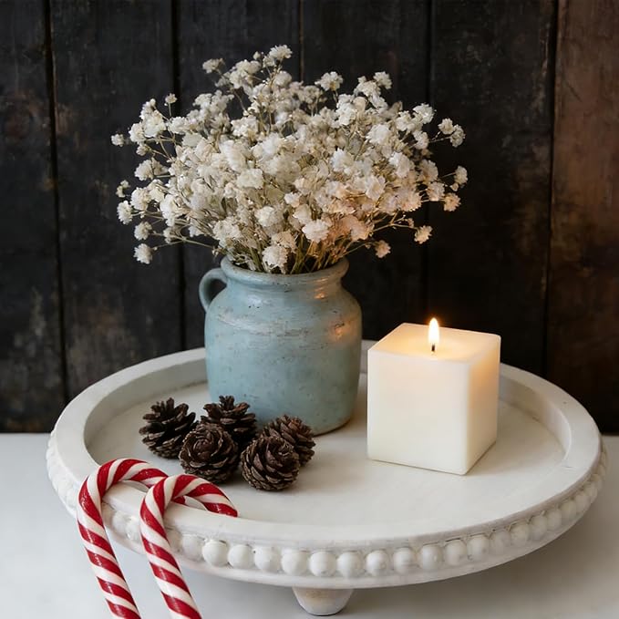 Decorative Tray for Coffee Table, Round Wooden Tray for Decor -White Beaded Distressed Rustic Farmhouse- Table Centerpieces for Dining Room Entryway Kitchen Counter Living Room