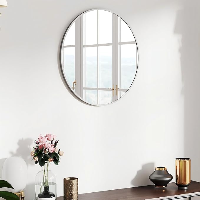 20" Round Mirror Circle Wall Mounted Hanging or Against Wall Metal Frame Dressing Make-up Mirrors for Entryway Bedroom Bathroom Living Room 20 inch Silver