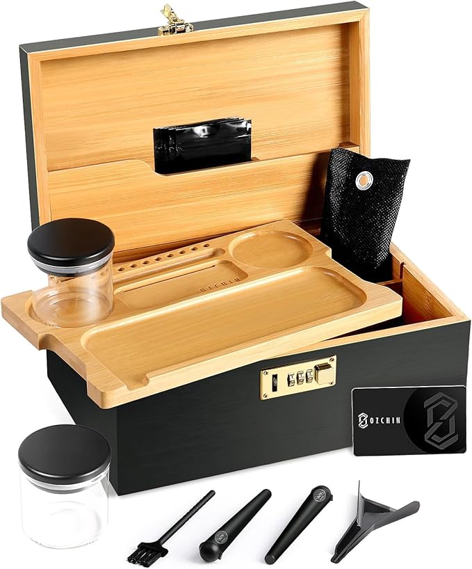 OZCHIN Large Bamboo Box with Combination Lock Decorative box for Home Great Gift Choice Storage Lockbox with Storage Jar, Gifts for Men Women (Black, 12 x 7.6 x 5.1)