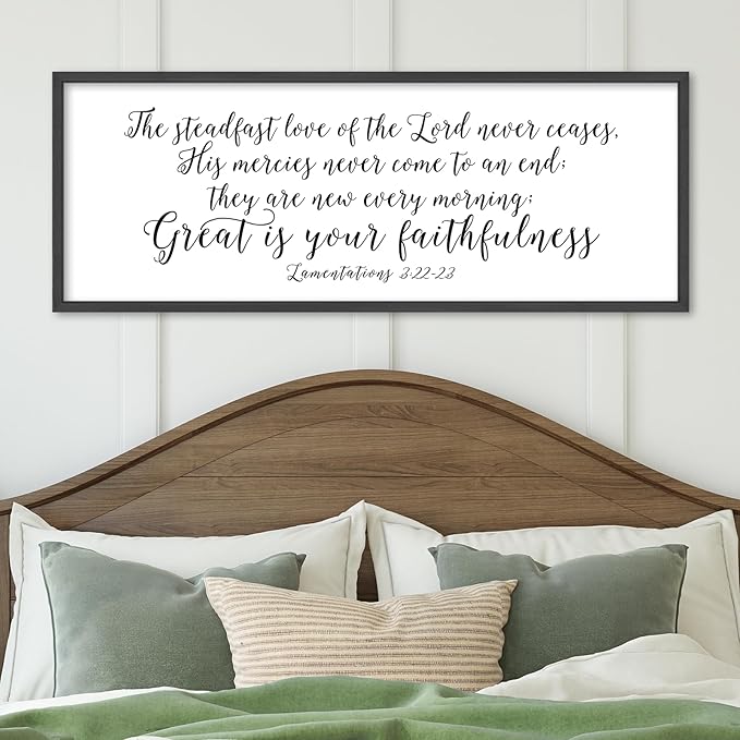 The Steadfast Love of The Lord Wall Decor 32"×12" Lamentations 3:22–23 reat Is Thy Faithfulness Sign Bible Verse Scripture Large Christian Religious Wall Hanging Art (Black)