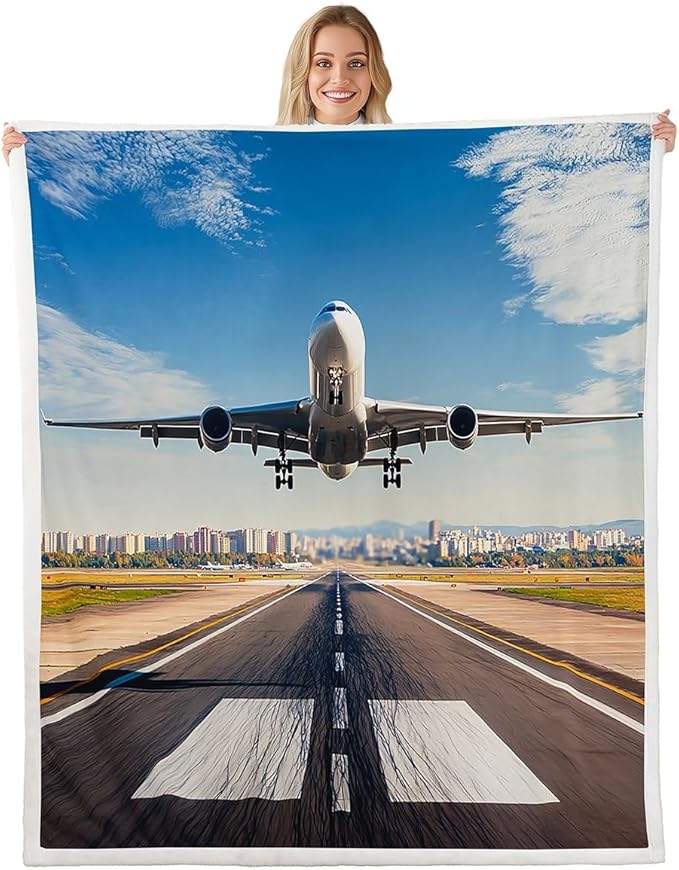 Erosebridal Aircraft Blanket Throw, Aviation Airplane Sherpa Blankets for Kids Teens Adults,Runway Track Fleece Blanket, Taking Off Fuzzy Blankets Twin 60"X80" White Blue Sofa Decoration