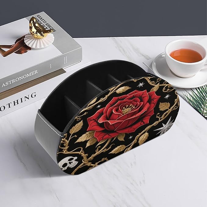 Peel And Stick Gothic Remote Control Holder Organizer Box with 5 Compartment PU Leather Bedside Storage Caddy Remote Organizer for Controller Media Player Pen/Pencil Storage