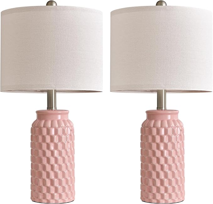 20.5" Small Bedside Lamps Set of 2 with 5FT Cord, Pink Ceramic Modern Farmhouse Table Lamps for Nightstand, Living Room, Bedroom, 3D Honeycomb Stylish End Table Lamps(Bulb Not Included)