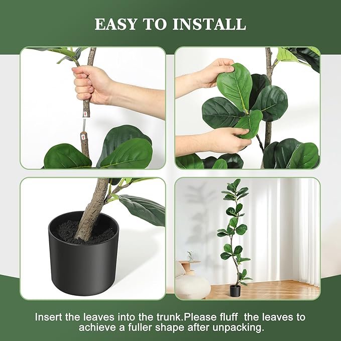 GarveeHome Artificial Fiddle Leaf Fig Tree - 5 ft Fake Plant with Black Nursery Planter, Large Fake Tree for Home or Office Decor - Artificial Plants Indoor Outdoor, Housewarming Gift