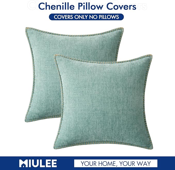 MIULEE Pack of 2 Summer Throw Pillow Covers 18x18 Inch Coastal Aqua Blue Farmhouse Decorative Pillow Covers Stitched Edge Soft Chenille Solid Dyed Spring Pillow Covers for Couch Sofa Bed Living Room