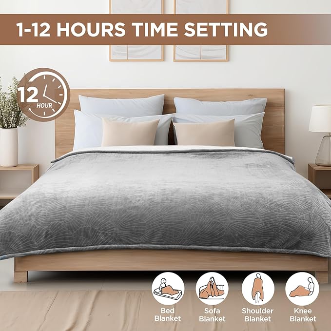 Westinghouse Electric Blanket Queen, Flower Jacquard Heated Blanket Queen Size with 10 Heating Levels and 1-12 Hours Auto-Off, Flannel to Sherpa Reversible, Machine Washable (84" x 90", Light Grey)