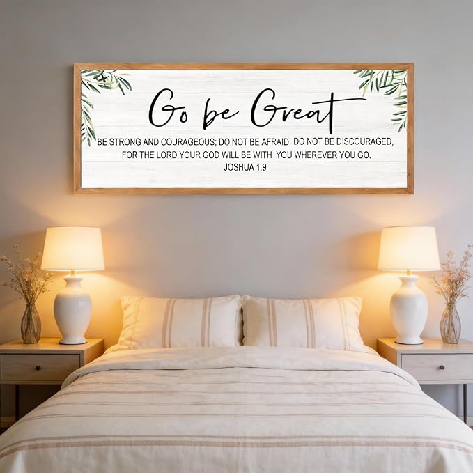 Go Be Great Wall Decor: 40x15 Inch Large Framed Bible Verse Wall Art, Joshua 1:9 Scripture Sign, Christian Wall Decor for Bedroom Living Room, Black Wooden Frame, Natural