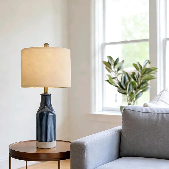 23.75inch Blue Modern Ceramic Bedside Lamp Set of 2 with 5FT Cord for Bedroom Decor Farmhouse Table Lamp for Living Room Office Dorm