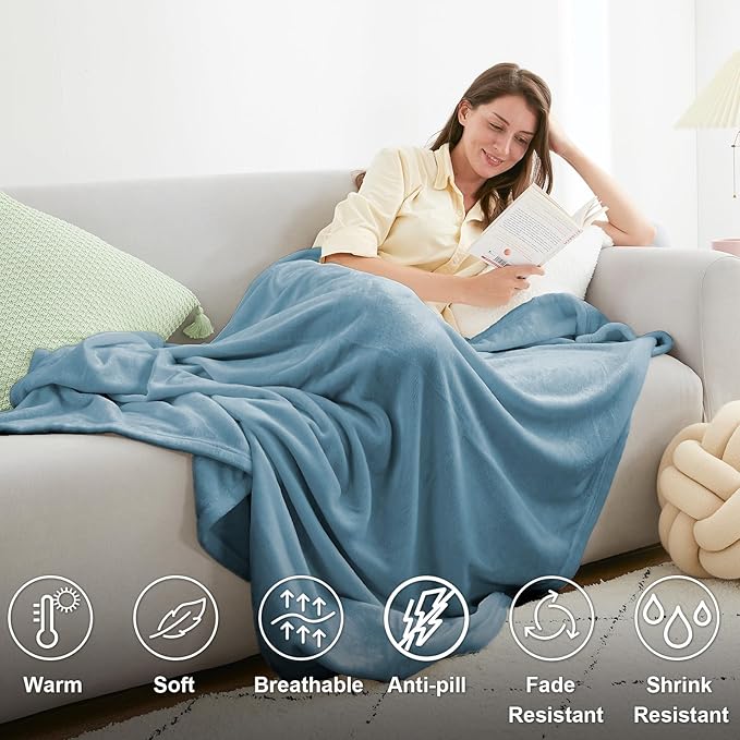 Hansleep Fleece Queen Blanket for Bed Fleece Washed Blue, Queen Size Super Soft Flannel Fuzzy Plush Cozy Blanket for All Seasons, Washed Blue, Queen 90x90 Inches