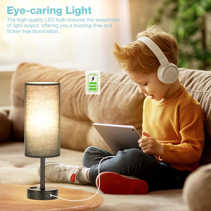 Fenmzee Black Bedroom Lamp for Nightstand - 3 Way Dimmable Bedside Lamp USB C A Charging Ports and AC Outlet, Small Table Lamp Black Base for Living Room, Office Desk, LED Bulb Included
