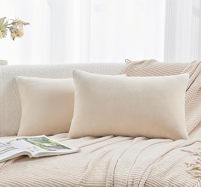 Throw Pillow Covers Neutral Beige Set of 2 12x20 Inch Pillow Covers, Soft Velvet Farmhouse Lumbar Decorative Pillowcases for Couch Sofa Bed, Home Boho Decor, Modern Cushion Covers