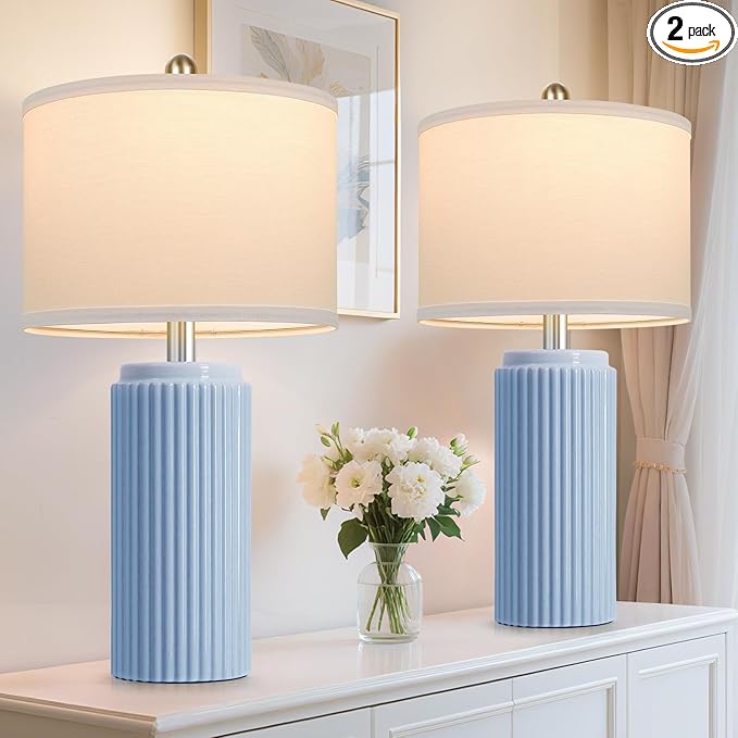 TOBUSA 23.5’’ Sky Blue Farmhouse Table Lamps for Living Room Set of 2, Modern Elegant Ceramic Bedside Nightstand Lamps with White Linen Shade for Bedroom, Coastal Lamps Set for Study Home Office