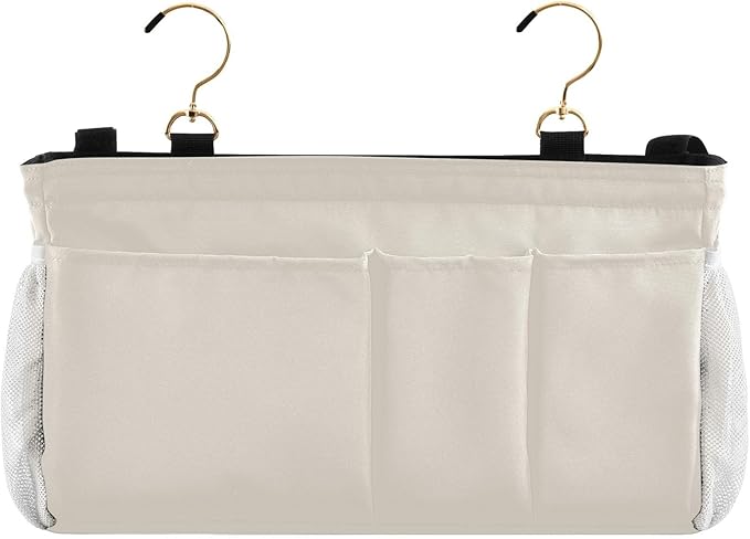Beige Bedside Caddy Storage Bag Bedside Organizer for Bed Rails College Dorm Room Organizer Caddy Hanging Shelf 6 Pockets with Hooks for Book Glasses Phone Holder
