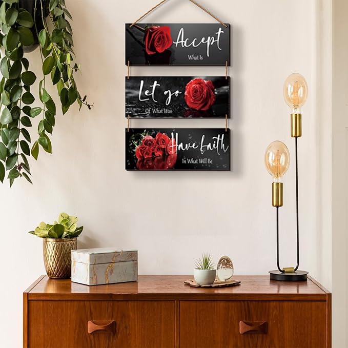 3 Pcs Red Decor Flower Rose Wall Art with Quotes for Girl Women Bathroom Living Room Bedroom Decor (Red Rose 10 x 4 Inch)