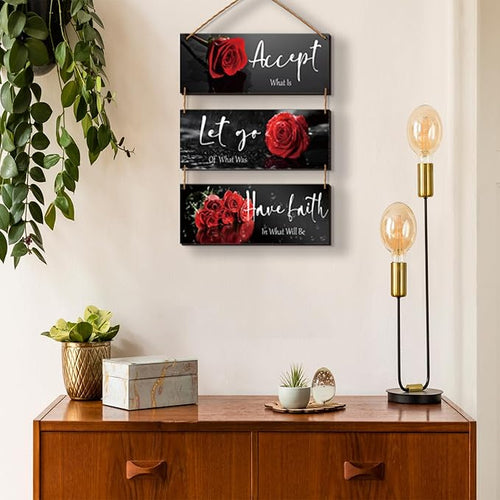 3 Pcs Red Decor Flower Rose Wall Art with Quotes for Girl Women Bathroom Living Room Bedroom Decor (Red Rose 10 x 4 Inch)