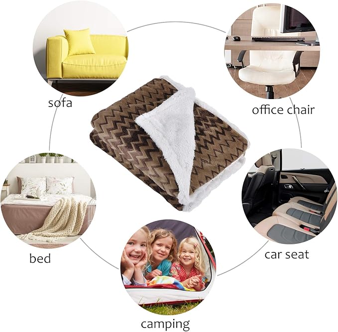 Catalonia Silky Soft Sherpa Throw Blanket, Flannel Chevron Micro Plush Fleece Throws for Couch Sofa TV Bed, Reversible, Comfy, Fuzzy, 50"x60" Brown