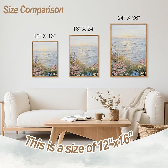 CHDITB Coastal Wildflower Framed Wall Art, Minimalist Beach Wall Decor, Nature Seaside Flower Painting, Modern Neutral Botanical Artwork Floral Ocean Art Prints For Living Room Bedroom Decor 12”X16”X3