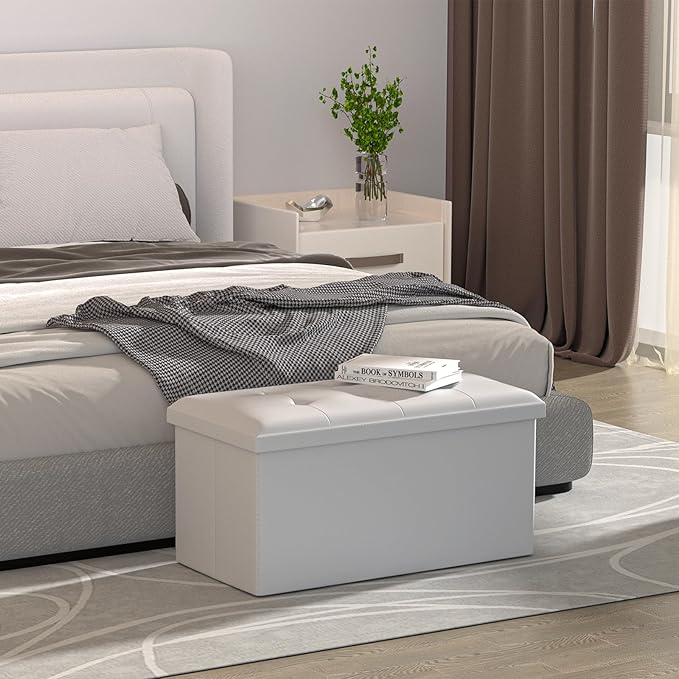 MoNiBloom 30 Inch Storage Ottoman Bench, 24 Gal. Folding Ottoman Footrest, End of Bed Bench, Rectangle Foot Stool, Supports 600 lbs, for Bedroom, Living Room, Entryway, Hallway, White