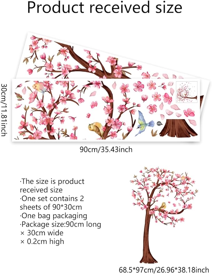 3D Flower Tree Wall Decals Peel and Stick Large Cherry Blossom Stickers for Wall in Heart Shape with Birds Removable Wall Stickers & Murals for Living Room Bedroom Girl Nursery Classroom Home Decor