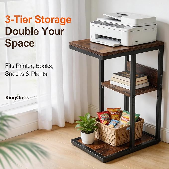King Oasis 3-Tier Brown Metal Side Table - Industrial End Table & Nightstand with Adjustable Feet, 80LB Sturdy Small Bedside Table Storage Shelf for Living Room, Bedroom, and Small Spaces