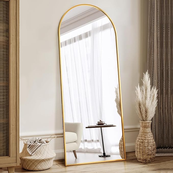 Antok Full Length Floor Mirror Arched Standing Mirror with Aluminum Frame - Freestanding Wall Mount Leaning Body Mirror for Bedroom Living Room Entryway, 64" L x 21" W, Gold