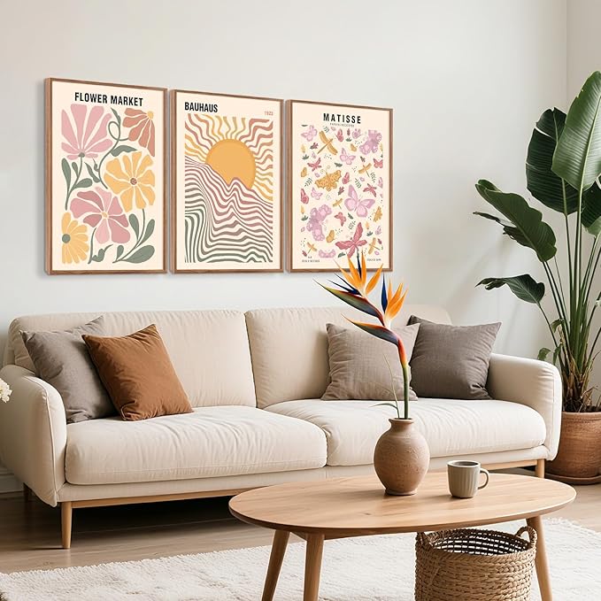 CHDITB Matisse Pink Framed Canvas Wall Art, Abstract Minimalist Wall Decor, Butterfly Floral Print, Sun Bauhaus Painting, Aesthetic Flower Market Artwork For Living Room Bedroom Decor 12"X16"x3