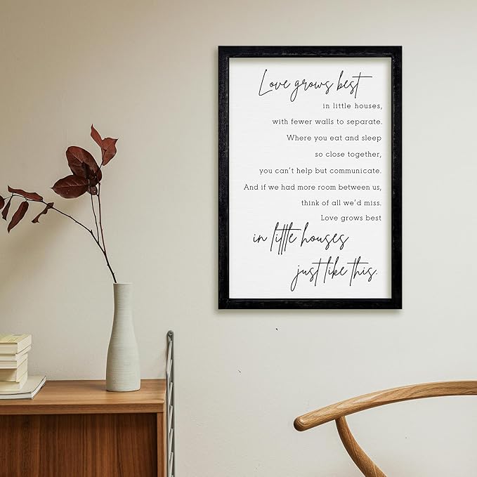 comurdyo Love Grows Best In Iittle Houses Wall Decor 16"×11" Inspirational Love Quote Sign Family Wood Framed Wall Hanging Art (Black)