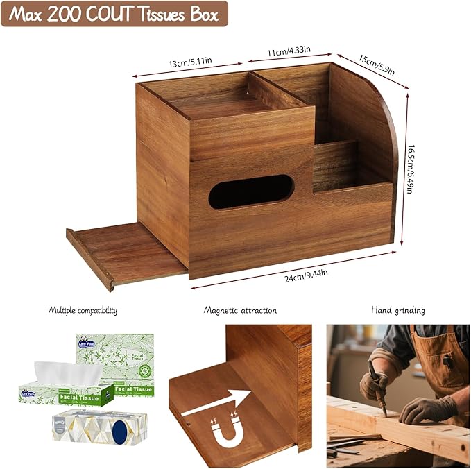 Tissue Box Cover Square, Acacia Wood Tissues Cube Box Holder with Storage Tray, Multifunctional Remote Control Holder Organizer for Bathroom, Vanity Countertop, Nightstand, Farmhouse Decor