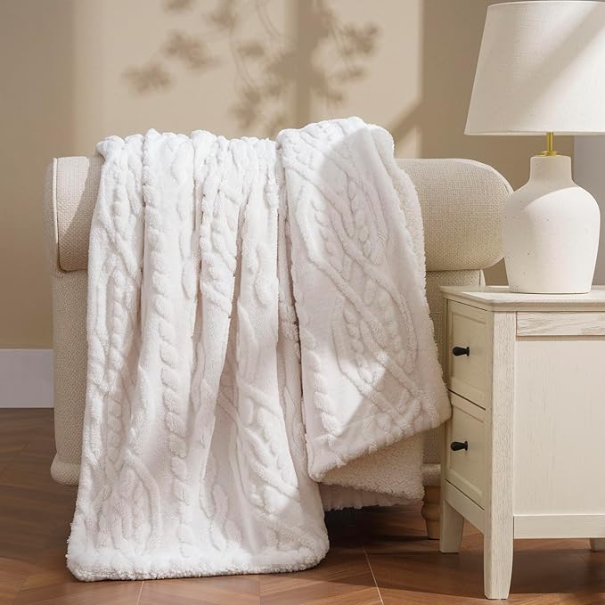 EverGrace Classic Cable Jacquard Sherpa Fleece Throw Blanket for Couch, Soft Cozy Fuzzy Plush Blankets for All Seasons, Reversible Thick Warm Blanket for Bed, Sofa, Bleach White, 60" x 80"