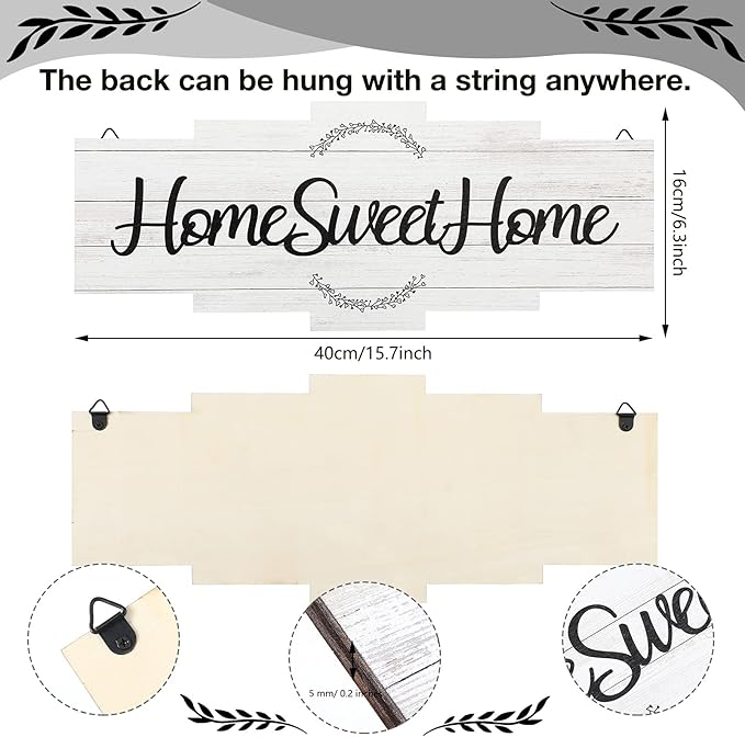 Jetec Home Sweet Home Sign, Rustic Wood Room Wall Decor, Farmhouse Plaque Wall Hanging Wooden Sign for Bedroom, Living Room, Wedding Decor(White)