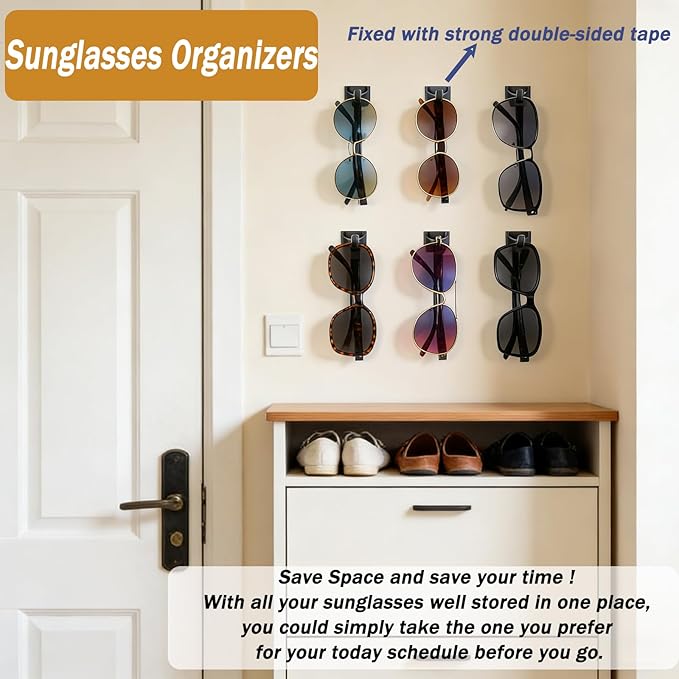 Eyewear Organizer 6 Pack, Wall Hanging Strong Adhesive Glasses Holder for Sunglasses, Reading Glasses at Car, Office, Home, Driver, Workshop(Black)
