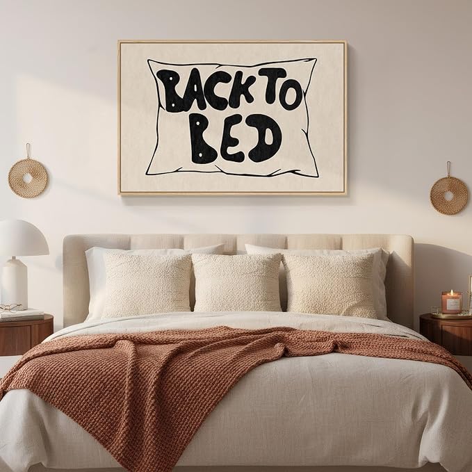 Framed Bedroom Wall Art for Room Wall Decor, Large Back to Bed Typography Canvas Artwork for Walls, Funny Quote Black and White Picture Print for Nursery Guest Room Hallway Wall Decor, 24x36 Inch