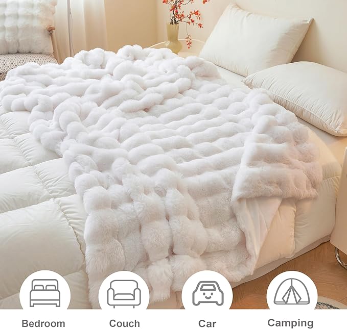 LIFEREVO Luxury Fluffy Faux Rabbit Fur Throw, Plush Fuzzy Bubble Blanket for Couch Sofa, Soft Cute Furry Bed Blanket Home Decoration, Shaggy Lap Throw for Bedroom Living Room Office, 50x60, White