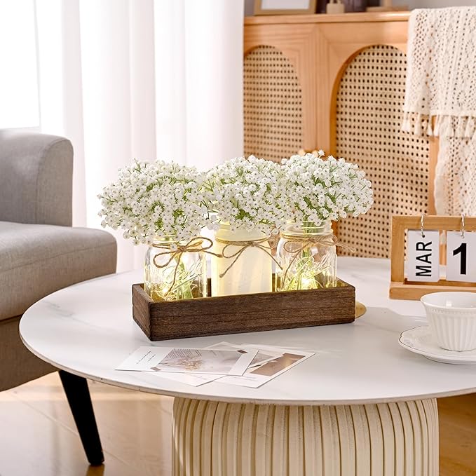 BLEUM CADE Centerpiece Table Decorations - Mason Jar Lights Centerpiece for Kitchen Dining Table Farmhouse Coffee Table Wedding Home Decor with 3 Jars Babys Breath Artificial Flowers & Wood Tray