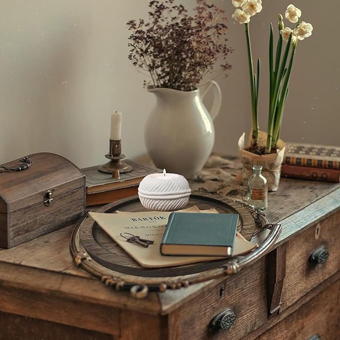 Candle Plate Holder Tray: Round Wooden Decorative Candle Plate Small Farmhouse Table Centerpiece Rustic White Wood Tealight Pillar Trays for Home Decor (White Rustic)