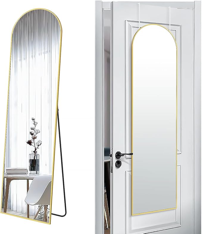57x16 Door Hanging Full Length Mirror, Floor Stand (Height 5.7ft just Body in1.3ft) / Wall Mounted Metal Frame Arch Dressing Mirrors for Bedroom Living Room 57 inch Gold