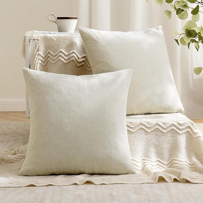 MIULEE Cream Couch Pillow Covers 18x18 Inch, Set of 2 Soft Chenille Decorative Square Throw Pillow Covers Farmhouse for Sofa Living Room Bed