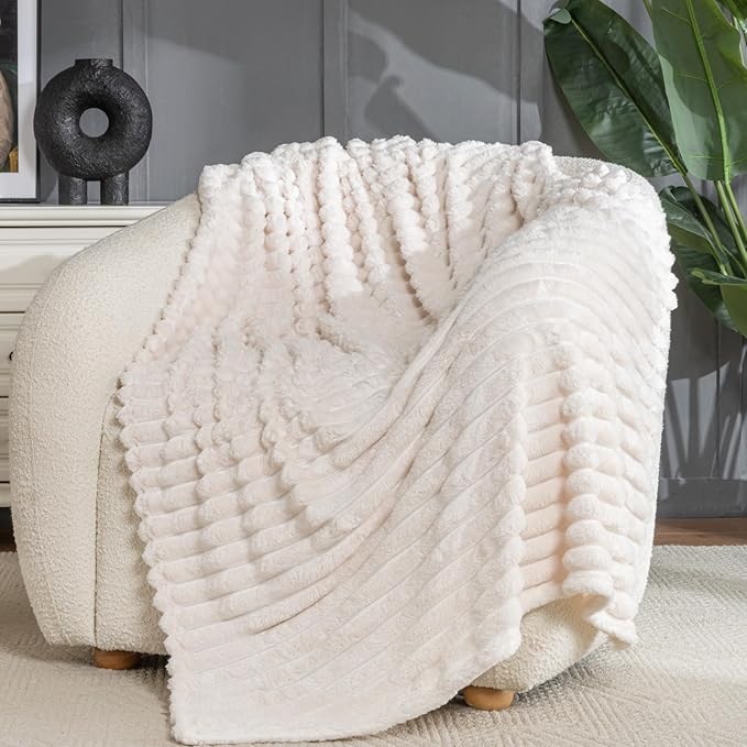 Wider Striped 380gsm Thick Beige Throw Blanket for Couch Super Soft Cozy Blankets for Women Fuzzy Fleece White Blanket for Bed Sofa 50x60