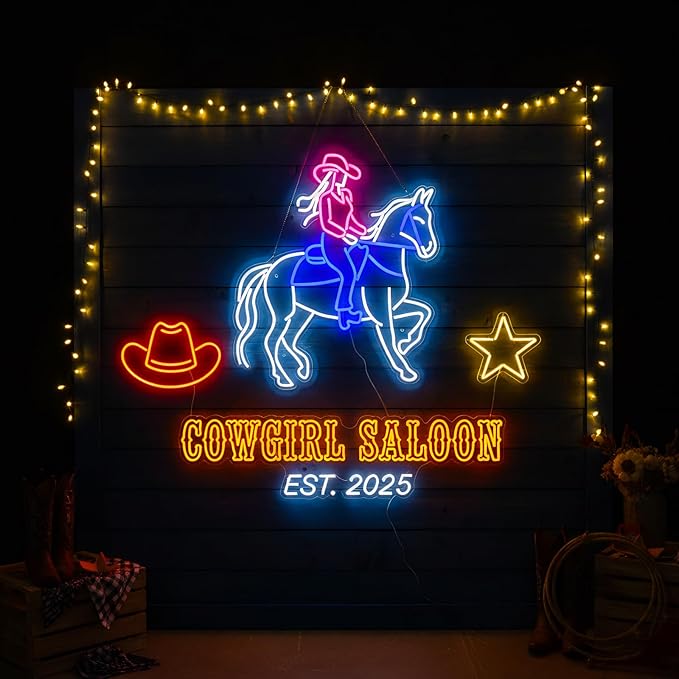 Large 24.5"x20" Cowgirl Neon Sign for Wall Decor, Dimmable LED Light with Adapter, Perfect for Bar, Bedroom, Game Room, Party, or Teen Room Decor