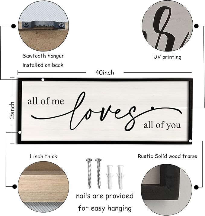 All Of Me Loves All Of You Wall Decor 40''×15'' Large Vintage Framed Wooden Plaque Modern Master Bedroom Above Over Bed sign Farmhouse Plaque Art Home Love Quotes Wall Hanging Decor (Black)
