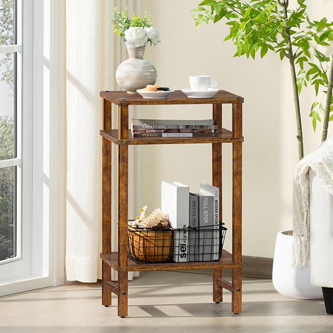 Side Table End Table Tall Night Stand 3-Tier 2 Pack for Living Room Bedroom Bathroom Office Furniture Brown
