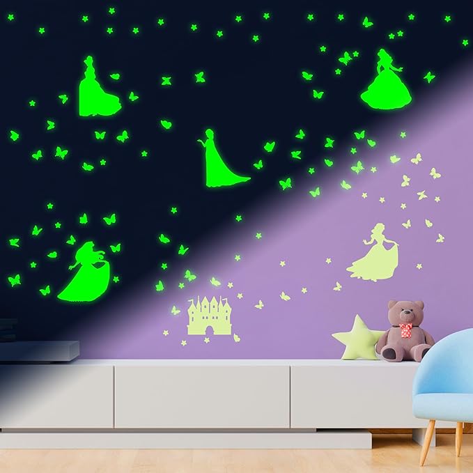 Glow in The Dark Princess Castle Wall Sticker, Self-Adhesive Star Butterfly Wall Decal for Girl's Room, Fluorescent Sticker for Ceiling Nursery (Green)