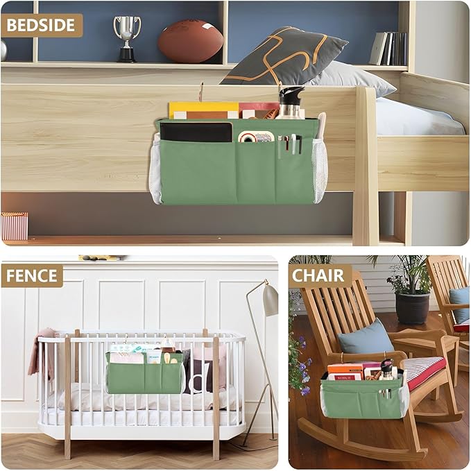 DOMIKING Sage Green Bedside Caddy for Dorm Bed Recliner Armrest Organizer with Hooks Haning Storage Pocket for Couch Recliner Remote Control