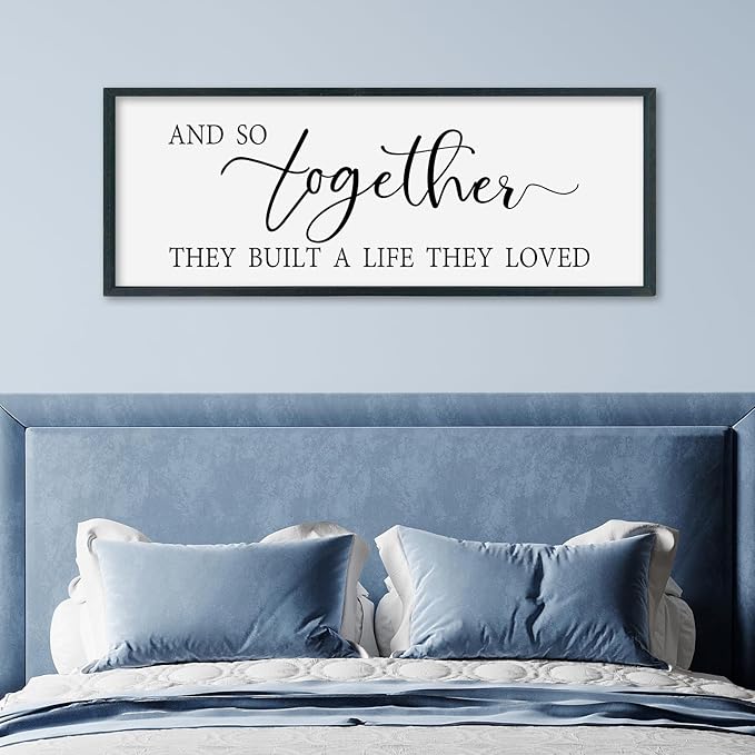 SRSZHIYUE And So Together They Built A Life They Loved Family Quotes Wall Decor 32"×12" Modern Minimalist Wedding Rustic Above Bed Bedroom Sign Large Wood Framed Wall Hanging (Black)