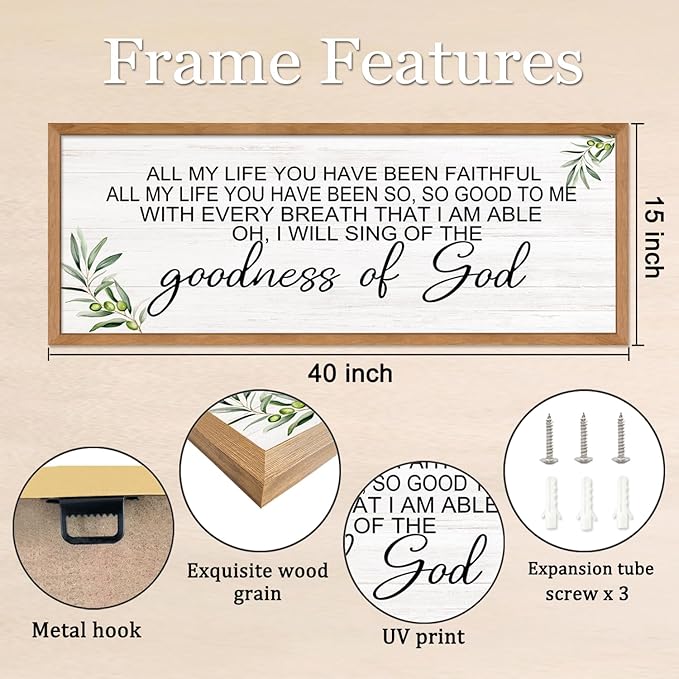 Goodness of God Christian Wall Decor: 40x15 Inch Large Framed Christian Inspirational Wall Art, Religious Scripture Quote Wooden Sign, Black Frame Christian Home Decor for Living Room Bedroom, Natural
